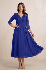Royal Blue Embroidered Chiffon A-Line Midi Mother of the Bride Dress | KISSBRIDAL