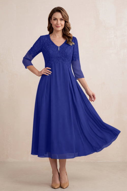 Royal Blue Embroidered Chiffon A-Line Midi Mother of the Bride Dress | KISSBRIDAL