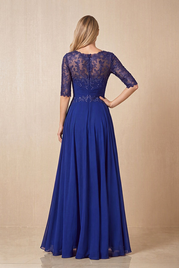 Royal Blue Embroidered Chiffon Boat Neck A-Line Mother of the Bride Dress with Half Sleeves (2) | KISSBRIDAL