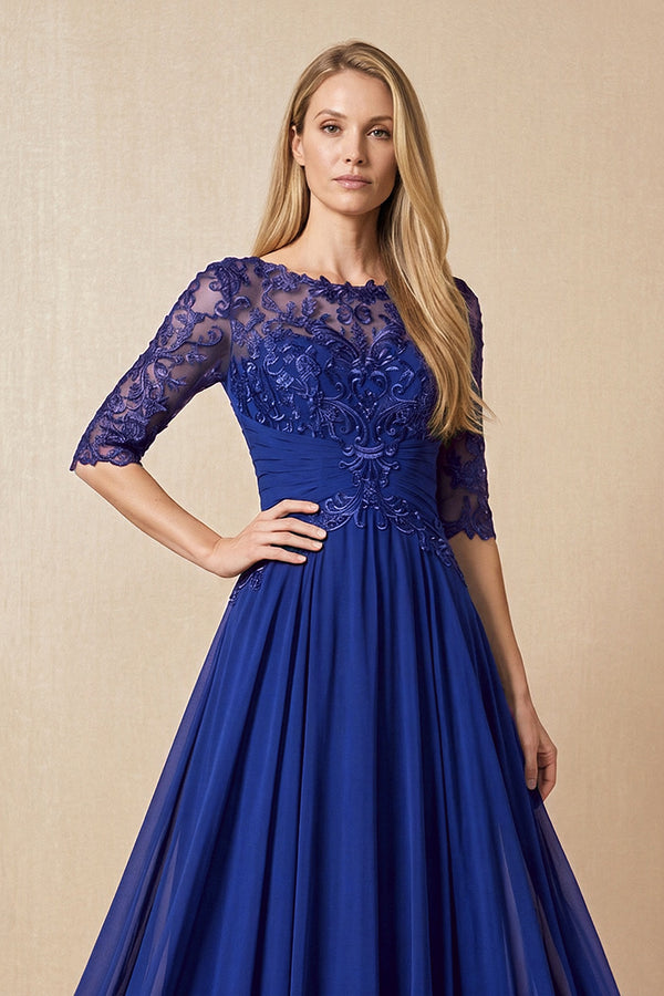 Royal Blue Embroidered Chiffon Boat Neck A-Line Mother of the Bride Dress with Half Sleeves (3) | KISSBRIDAL