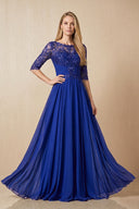 Royal Blue Embroidered Chiffon Boat Neck A-Line Mother of the Bride Dress with Half Sleeves | KISSBRIDAL
