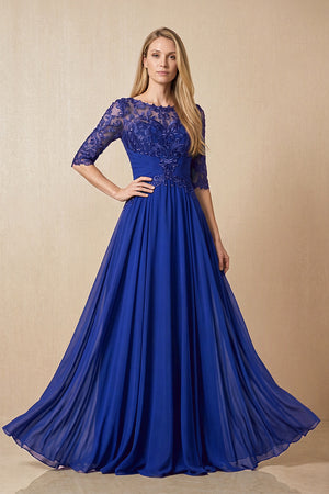 Royal Blue Embroidered Chiffon Boat Neck A-Line Mother of the Bride Dress with Half Sleeves | KISSBRIDAL