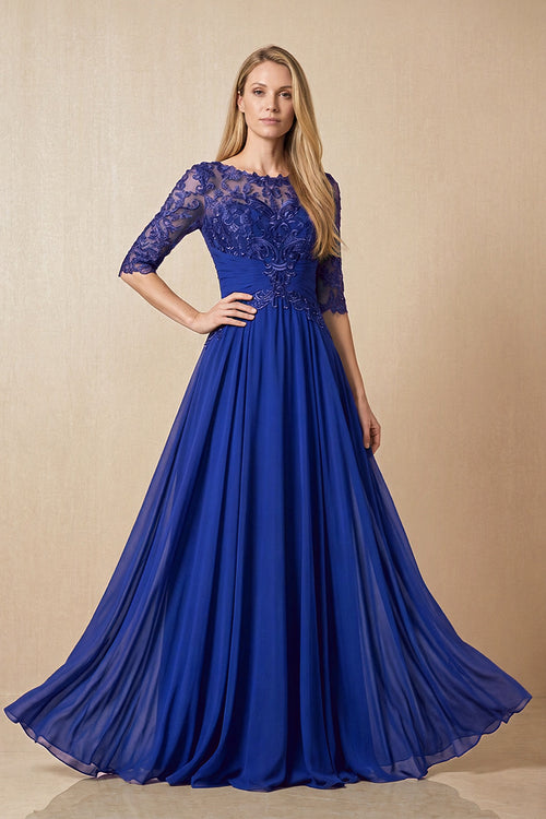 Royal Blue Embroidered Chiffon Boat Neck A-Line Mother of the Bride Dress with Half Sleeves | KISSBRIDAL