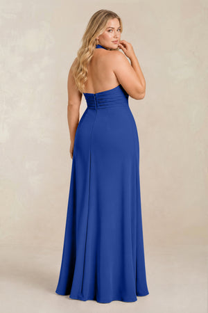 Royal Blue High Neck Chiffon Sheath Ruched Bridesmaid Dress (2) [sizeplus] | KISSBRIDAL