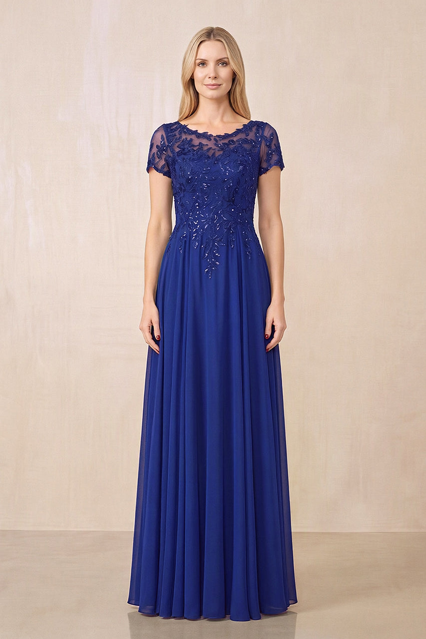 Royal Blue Illusion Neck A-Line Chiffon Cap Sleeves Mother of the Bride Dress