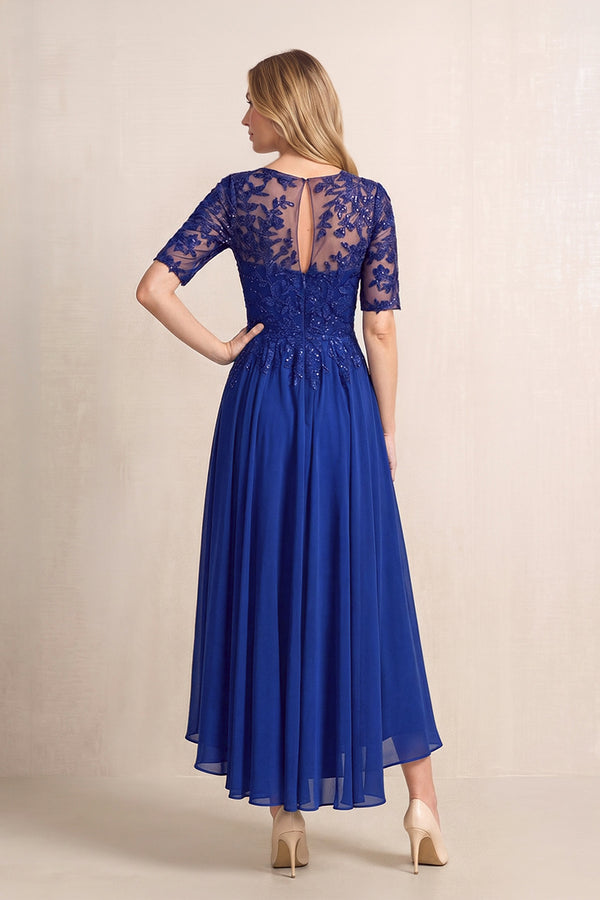 Royal Blue Illusion Neck A-Line Chiffon Lace Midi Mother of the Bride Dress with Half Sleeves (2) | KISSBRIDAL