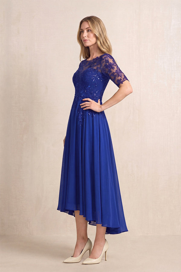 Royal Blue Illusion Neck A-Line Chiffon Lace Midi Mother of the Bride Dress with Half Sleeves (3) | KISSBRIDAL