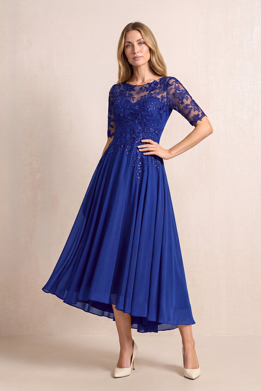 Royal Blue Illusion Neck A-Line Chiffon Lace Midi Mother of the Bride Dress with Half Sleeves
