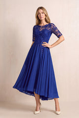 Royal Blue Illusion Neck A-Line Chiffon Lace Midi Mother of the Bride Dress with Half Sleeves | KISSBRIDAL