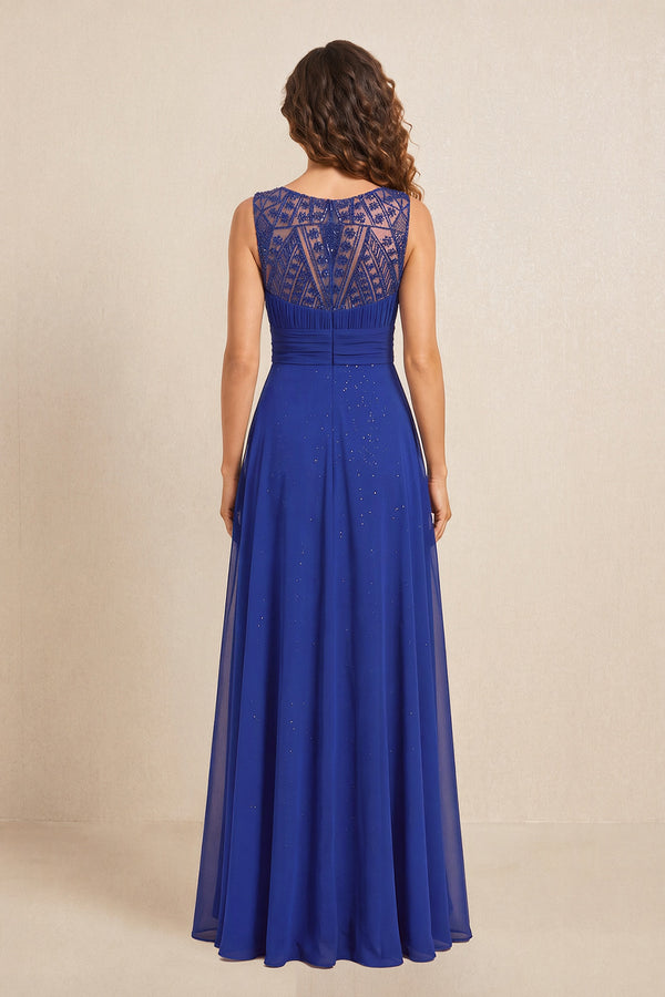 Royal Blue Illusion Neck A-Line Satin Embroidered Pleated Mother of the Bride Dress (2) | KISSBRIDAL