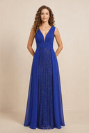 Royal Blue Illusion Neck A-Line Satin Embroidered Pleated Mother of the Bride Dress | KISSBRIDAL