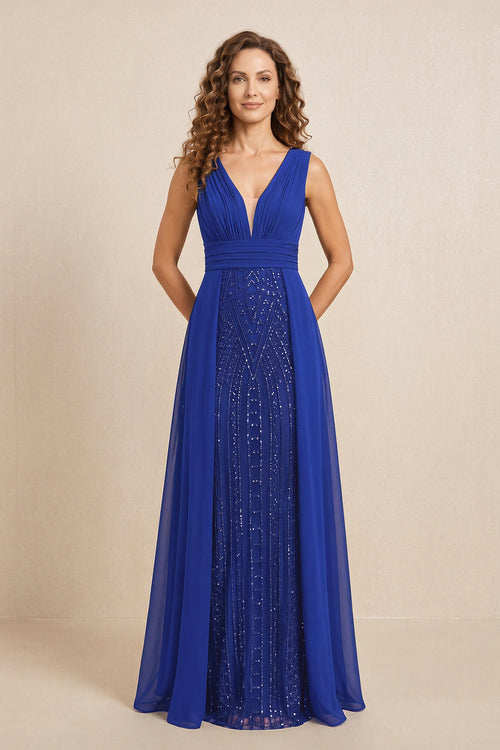 Royal Blue Illusion Neck A-Line Satin Embroidered Pleated Mother of the Bride Dress | KISSBRIDAL