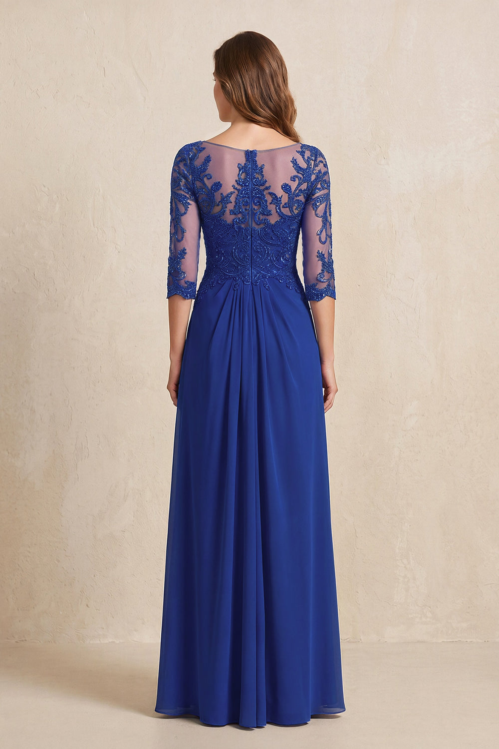 Royal Blue Illusion Neck Sheath Embroidered Chiffon Mother of the Bride Dress with Half Sleeves