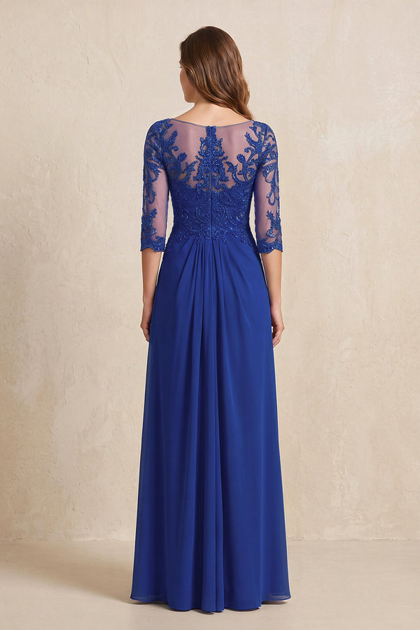 Royal Blue Illusion Neck Sheath Embroidered Chiffon Mother of the Bride Dress with Half Sleeves (2) | KISSBRIDAL