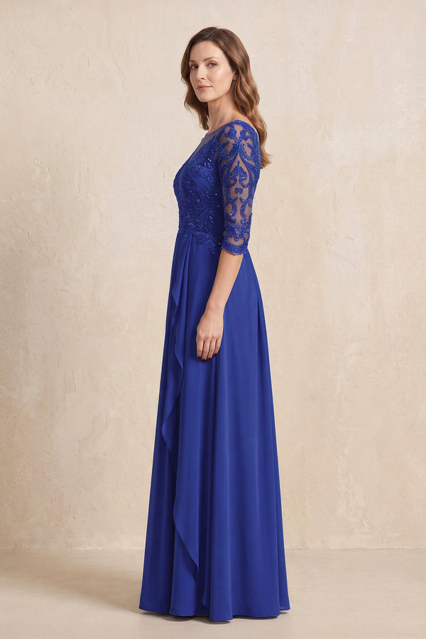 Royal Blue Illusion Neck Sheath Embroidered Chiffon Mother of the Bride Dress with Half Sleeves (3) | KISSBRIDAL