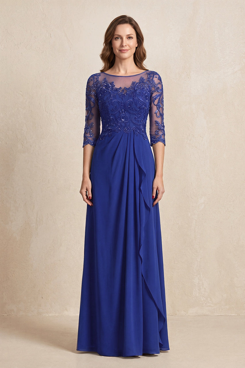 Royal Blue Illusion Neck Sheath Embroidered Chiffon Mother of the Bride Dress with Half Sleeves