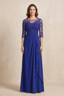 Royal Blue Illusion Neck Sheath Embroidered Chiffon Mother of the Bride Dress with Half Sleeves | KISSBRIDAL