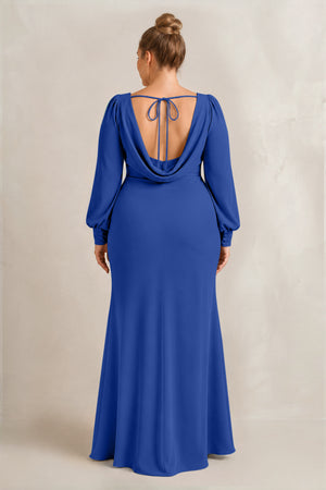 Royal Blue Long Sleeve V-Neck Sheath Chiffon Bridesmaid Dress (2) [sizeplus] | KISSBRIDAL