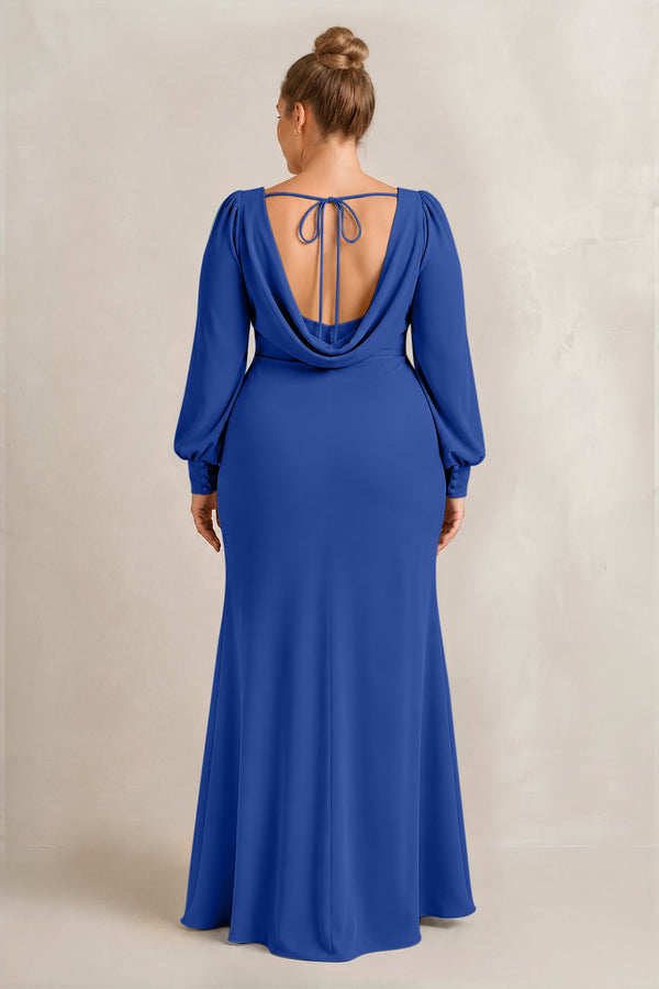 Royal Blue Long Sleeve V-Neck Sheath Chiffon Bridesmaid Dress (2) [sizeplus] | KISSBRIDAL