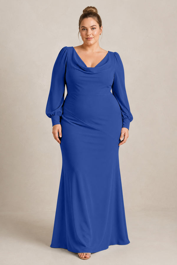 Royal Blue Long Sleeve V-Neck Sheath Chiffon Bridesmaid Dress [sizeplus] | KISSBRIDAL