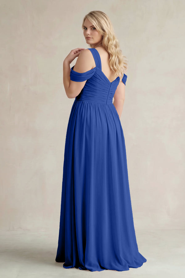 Royal Blue Off-the-Shoulder A-Line Chiffon Bridesmaid Dress With Slit (2) | KISSBRIDAL
