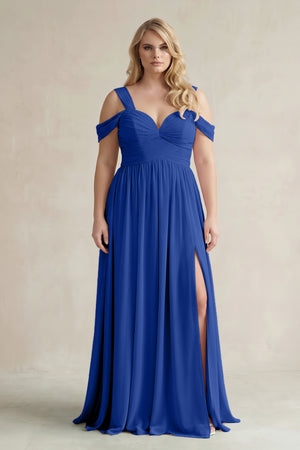 Royal Blue Off-the-Shoulder A-Line Chiffon Bridesmaid Dress With Slit | KISSBRIDAL
