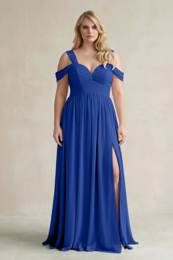 Royal Blue Off-the-Shoulder A-Line Chiffon Bridesmaid Dress With Slit | KISSBRIDAL