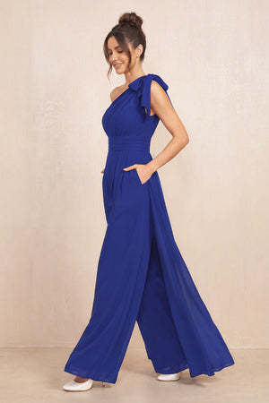 Royal Blue One-Shoulder Chiffon Mother of the Bride Jumpsuits (3) | KISSBRIDAL