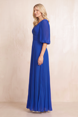 Royal Blue Pleated A-Line Half Sleeves Chiffon Mother of the Bride Dress (3) | KISSBRIDAL