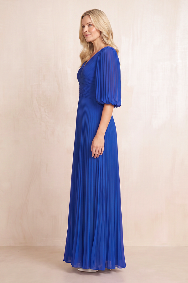 Royal Blue Pleated A-Line Half Sleeves Chiffon Mother of the Bride Dress (3) | KISSBRIDAL