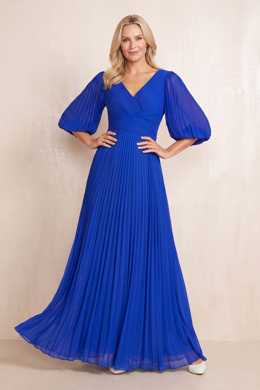 Royal Blue Pleated A-Line Half Sleeves Chiffon Mother of the Bride Dress