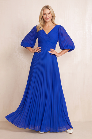 Royal Blue Pleated A-Line Half Sleeves Chiffon Mother of the Bride Dress | KISSBRIDAL