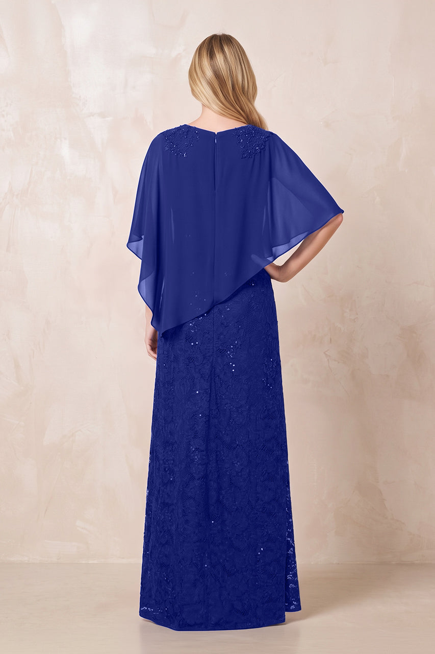 Royal Blue Round Neck Lace Sheath Chiffon Cape Sleeves Mother of the Bride Dress