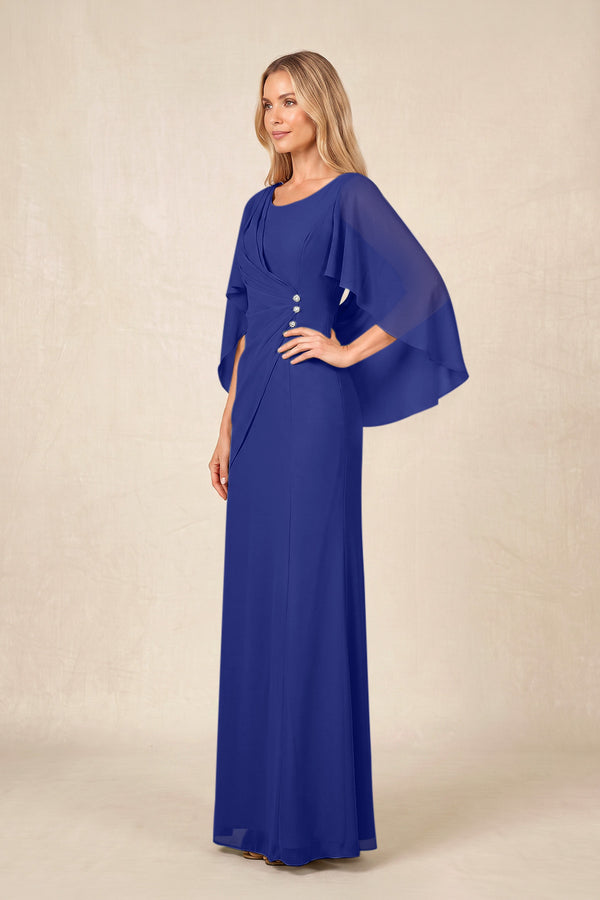 Royal Blue Round Neck Sheath Chiffon Cape Sleeves Ruched Mother of the Bride Dress (3) | KISSBRIDAL