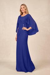 Royal Blue Round Neck Sheath Chiffon Cape Sleeves Ruched Mother of the Bride Dress | KISSBRIDAL