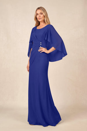 Royal Blue Round Neck Sheath Chiffon Cape Sleeves Ruched Mother of the Bride Dress | KISSBRIDAL