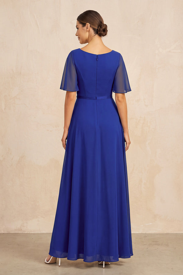Royal Blue Ruched A-Line Chiffon V-Neck Mother of the Bride Dress with Sleeves (2) | KISSBRIDAL