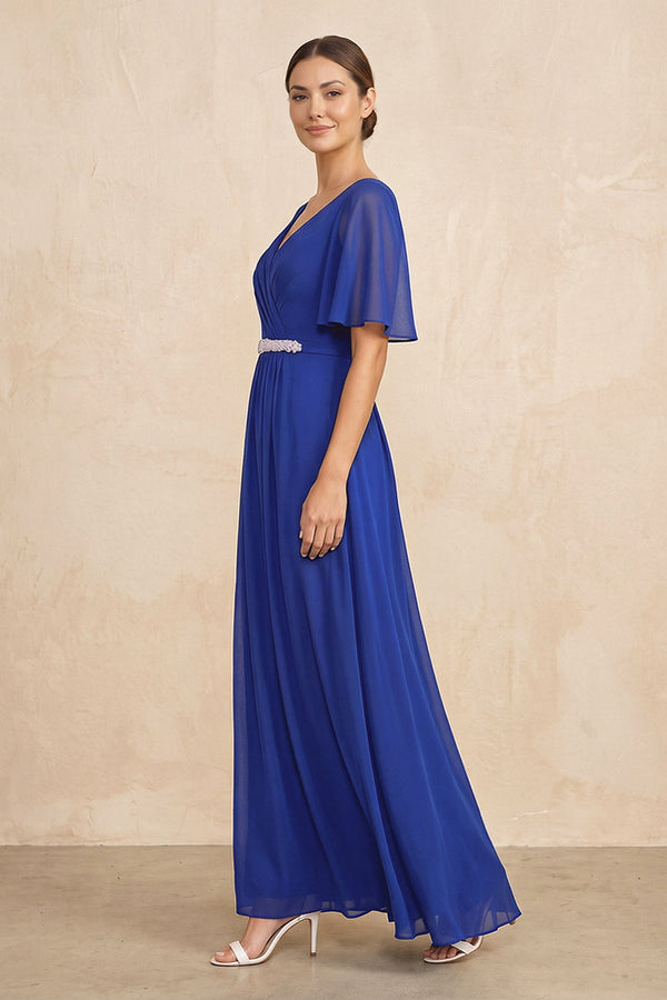 Royal Blue Ruched A-Line Chiffon V-Neck Mother of the Bride Dress with Sleeves (3) | KISSBRIDAL