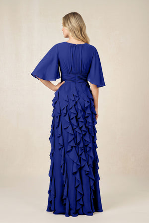 Royal Blue Ruffled Chiffon Half Sleeves A-Line Mother of the Bride Dress (2) | KISSBRIDAL