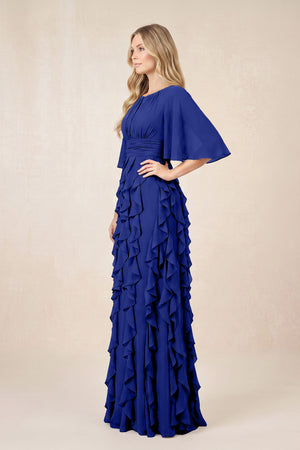 Royal Blue Ruffled Chiffon Half Sleeves A-Line Mother of the Bride Dress (3) | KISSBRIDAL