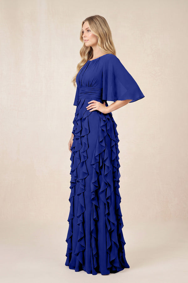 Royal Blue Ruffled Chiffon Half Sleeves A-Line Mother of the Bride Dress (3) | KISSBRIDAL