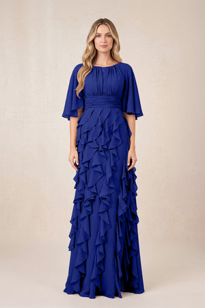 Royal Blue Ruffled Chiffon Half Sleeves A-Line Mother of the Bride Dress | KISSBRIDAL
