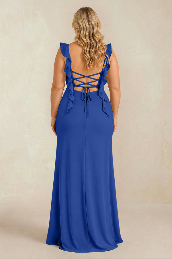Royal Blue Ruffled Sleeve Ruched Sheath Chiffon Bridesmaid Dress (2) [sizeplus] | KISSBRIDAL