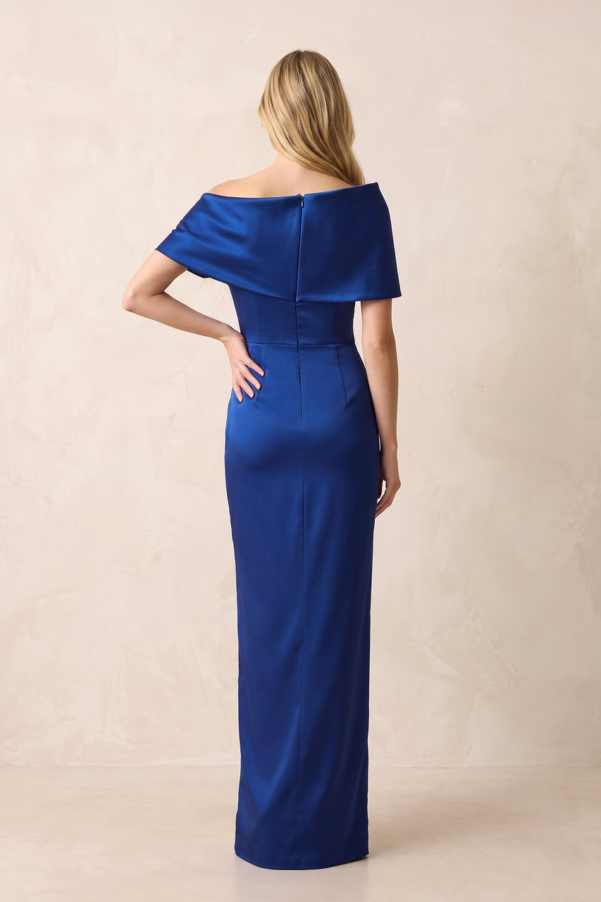 Royal Blue Satin Sheath Off-the-Shoulder Mother of the Bride Dress