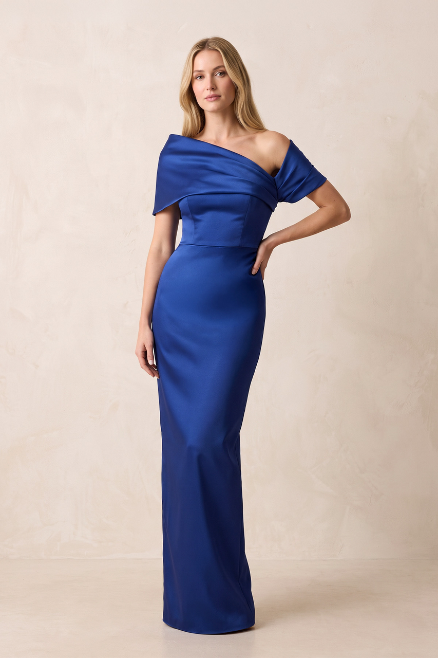 Royal Blue Satin Sheath Off-the-Shoulder Mother of the Bride Dress
