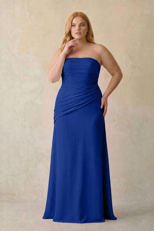 Royal Blue Sheath Chiffon Strapless Pleated Bridesmaid Dress (3) | KISSBRIDAL[sizeplus]
