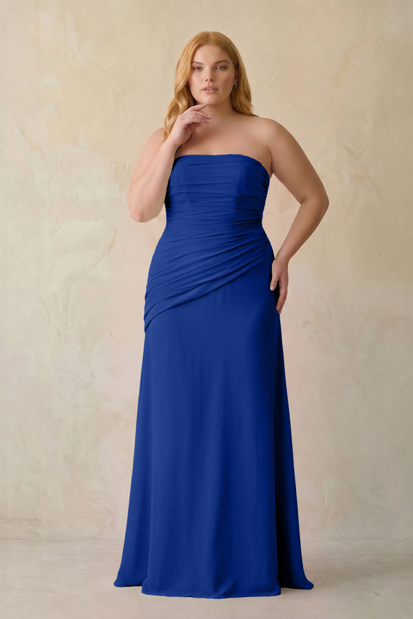 Royal Blue Sheath Chiffon Strapless Pleated Bridesmaid Dress (3) | KISSBRIDAL[sizeplus]
