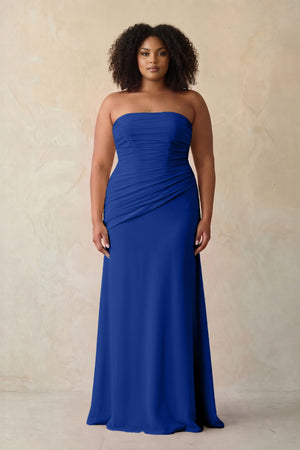 Royal Blue Sheath Chiffon Strapless Pleated Bridesmaid Dress | KISSBRIDAL[sizeplus]