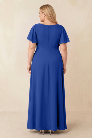 Royal Blue Short Sleeves Bateau A-Line Chiffon Bridesmaid Dress (2) [sizeplus] | KISSBRIDAL