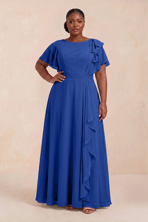 Royal Blue Short Sleeves Bateau A-Line Chiffon Bridesmaid Dress (3) [sizeplus] | KISSBRIDAL
